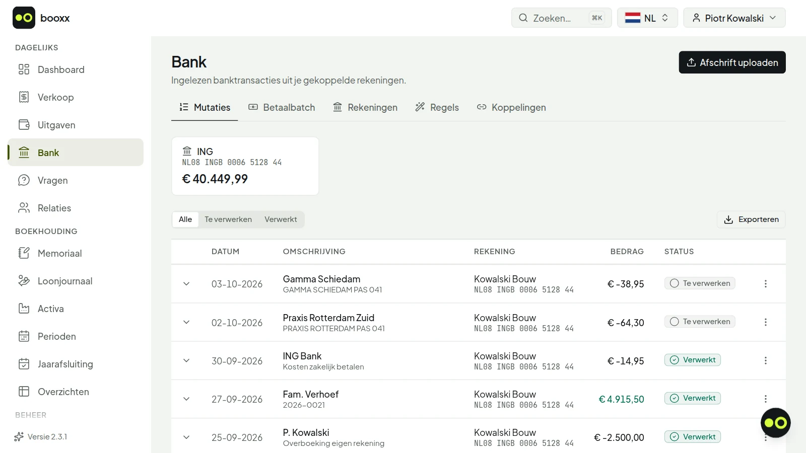 Bankscherm met mutaties waarvan een deel automatisch is afgeletterd tegen openstaande facturen.